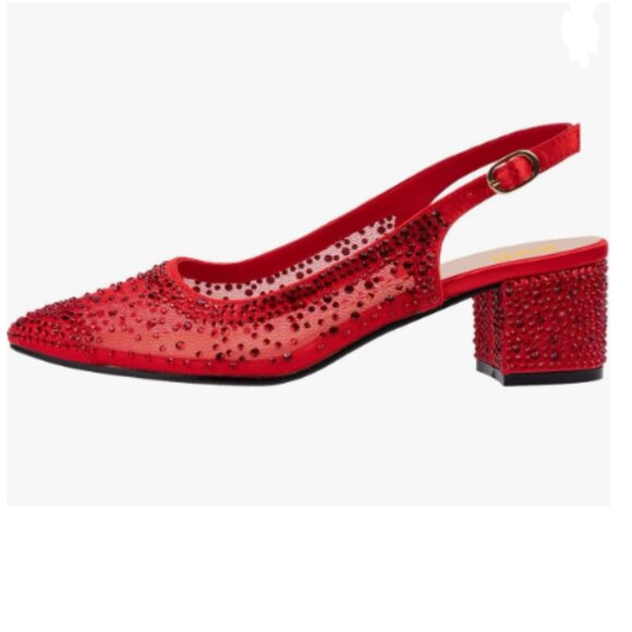 XYD Red Rhinestone Sheer Mesh Slingback Block Low Heels Pointed Toe Slip On Pump - Picture 1 of 8